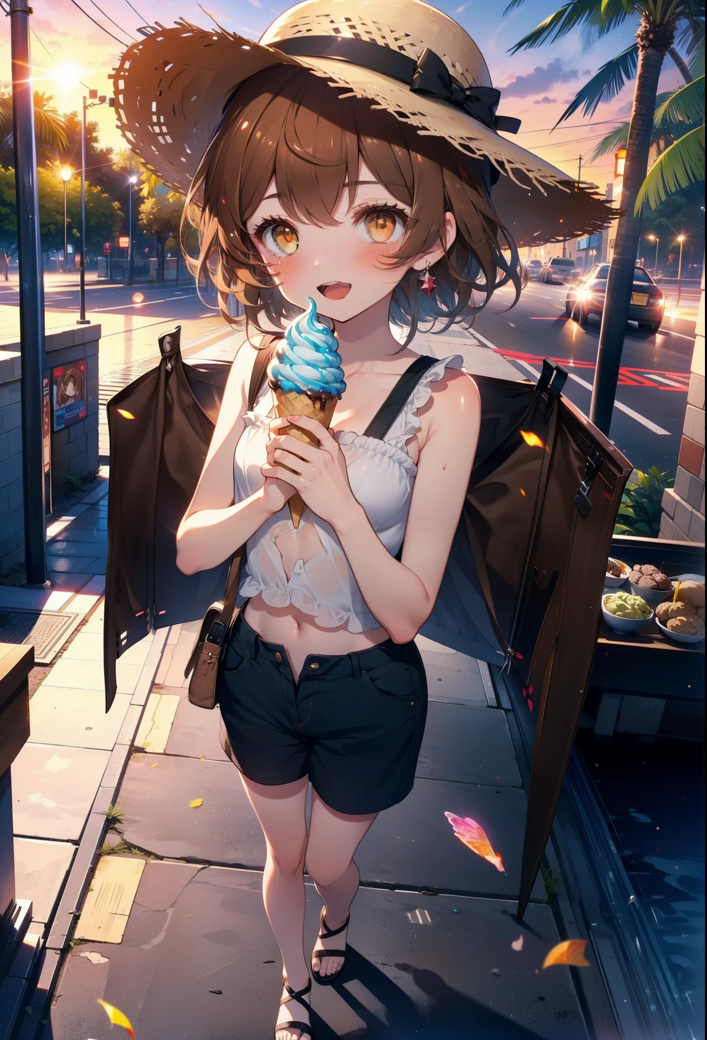 Lililukarde, Liliruka gets burned, , (Brown eyes:1.7), Brown Hair, (Flat Chest:1.2), smile,blush,Open your mouth,Straw hat,short hair,Brown tank top,Shorts,Holding ice cream in both hands,Heeled Sandals,Walking,sunset,evening,The sun is setting,whole bodyがイラストに入るように,
break looking at viewer,whole body,
break outdoors, Building district,Palm tree,Tropical,
break (masterpiece:1.2), Highest quality, High resolution, unity 8k wallpaper, (figure:0.8), (Beautiful attention to detail:1.6), Highly detailed face, Perfect lighting, Highly detailed CG, (Perfect hands, Perfect Anatomy),