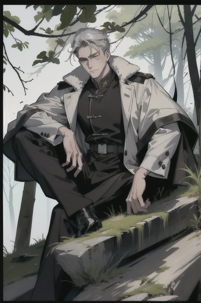 Yuan military white men in their 40s。Gray Hair。Wearing a brown cape。Being in the forest。He is sitting on a big rock and smoking a cigarette。
