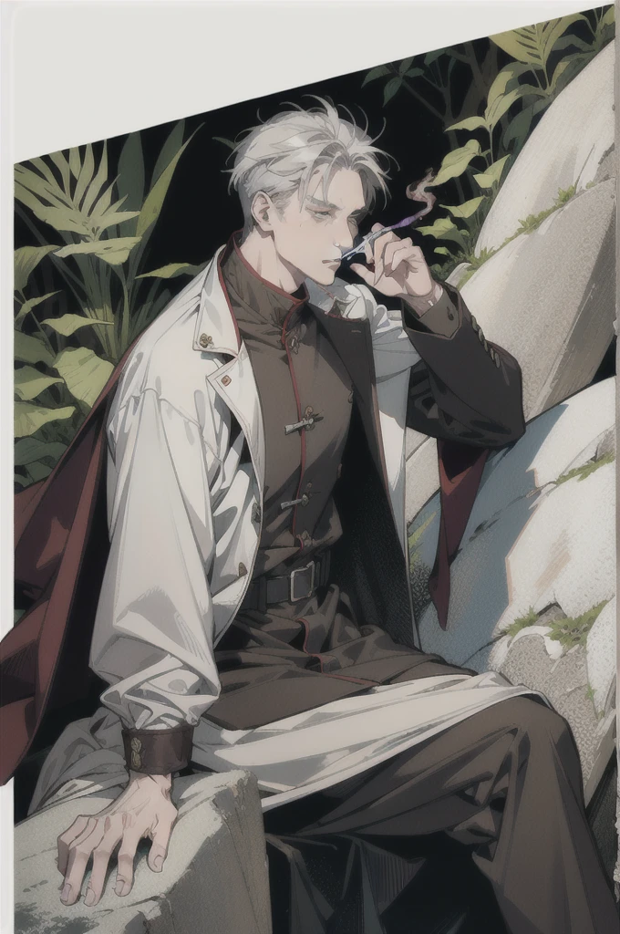Yuan military white men in their 40s。Gray Hair。Wearing a brown cape。Being in the forest。He is sitting on a big rock and smoking a cigarette。