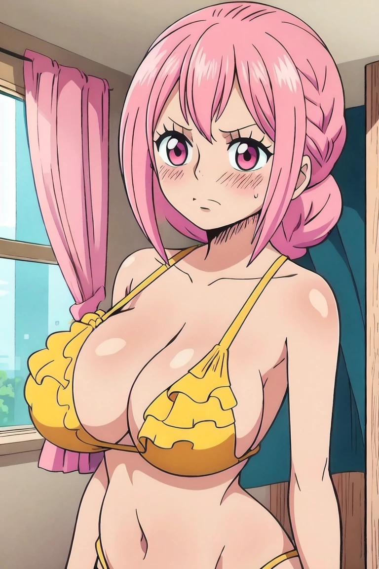 (masterpiece, best quality:1.2), 1woman, solo,pink hair,braid hair,dark pink eyes, room , big breasts, upper body, navel, blush