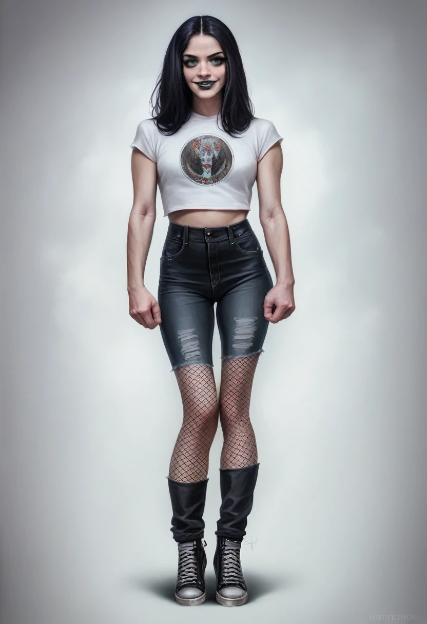 
A realistic goth girl with black hair and black lipstick, 17 years old, wearing fishnet stockings, a very revealing shirt and pants, full body shot down to her toes, smiling on a white background, (best quality,4k,8k,highres,masterpiece:1.2),ultra-detailed,(realistic,photorealistic,photo-realistic:1.37),detailed eyes,detailed lips,extremely detailed face,long eyelashes,intricate details,cinematic lighting,dark and moody,dramatic colors,