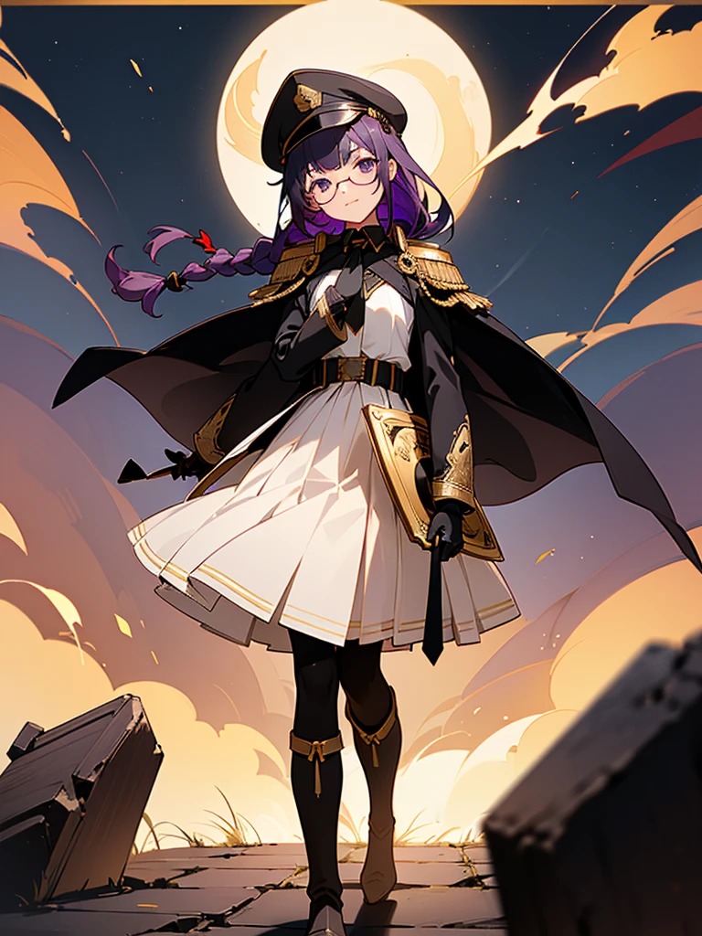realisitic, City Deserted, Pile of rubble, Brick building, a one woman (18 years old, far away blackw hair, far away slits, Eyes red, glare eyes, 精致的面容, standing (In floor, feet shoulder-width apart), Lolita style military uniform (blackw base, Red Insert, golden decoration, volantes, wide sleeves, dainty and delicate detailing armors), blackw far away gloves (blackw, Red Insert, golden decoration, small hands, armors), blackw far away gloves, knee high boots (blackw, high-heels, red soles), ha (blackw, aba dourada, shield emblem, delicate details), arms in front, Front of belly, Holding military swords with both hands (blackw, golden decoration, delicate detail, Handle at the top, Ground-facing blade, in front of the body, far away), night sky (blackw, stele, Increased flames and smoke) Pale painting style, One Girl, super high quality, Super Detail, Super Detailed image, long hair, looking at viewer, skirt, shirt, hair ornament, violet eyes, gloves, round glasses, long sleeves, hat, closed mouth, jacket, violet hair, braid, open clothes, necktie, black gloves, black skirt, uniform, single braid, open jacket, black jacket, black headwear, 手链, peaked cap, black necktie, cropped jacket, military hat, pantyhose, Flat Chest, smile, Black Cape