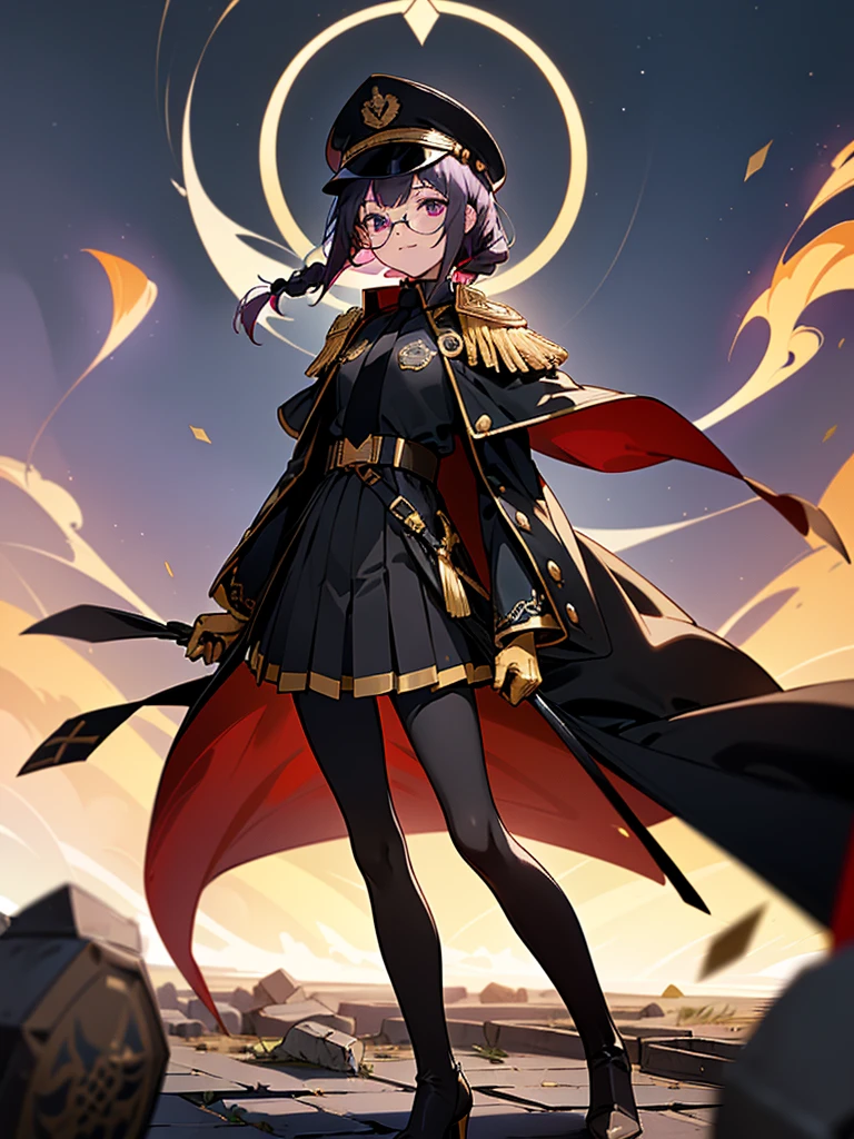 realisitic, City Deserted, Pile of rubble, Brick building, a one woman (18 years old, far away blackw hair, far away slits, Eyes red, glare eyes, 精致的面容, standing (In floor, feet shoulder-width apart), Lolita style military uniform (blackw base, Red Insert, golden decoration, volantes, wide sleeves, dainty and delicate detailing armors), blackw far away gloves (blackw, Red Insert, golden decoration, small hands, armors), blackw far away gloves, knee high boots (blackw, high-heels, red soles), ha (blackw, aba dourada, shield emblem, delicate details), arms in front, Front of belly, Holding military swords with both hands (blackw, golden decoration, delicate detail, Handle at the top, Ground-facing blade, in front of the body, far away), night sky (blackw, stele, Increased flames and smoke) Pale painting style, One Girl, super high quality, Super Detail, Super Detailed image, long hair, looking at viewer, skirt, shirt, hair ornament, violet eyes, gloves, round glasses, long sleeves, hat, closed mouth, jacket, violet hair, braid, open clothes, necktie, black gloves, black skirt, uniform, single braid, open jacket, black jacket, black headwear, 手链, peaked cap, black necktie, cropped jacket, military hat, pantyhose, Flat Chest, smile, Black Cape