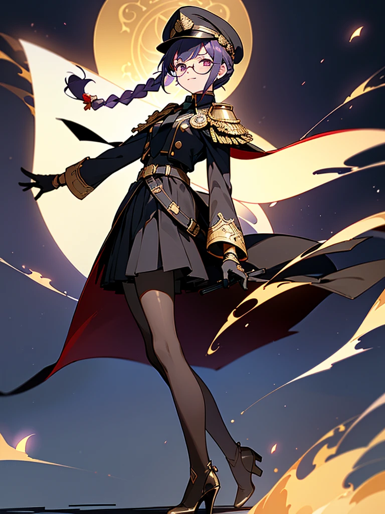 realisitic, City Deserted, Pile of rubble, Brick building, a one woman (18 years old, far away blackw hair, far away slits, Eyes red, glare eyes, 精致的面容, standing (In floor, feet shoulder-width apart), ta style military uniform (blackw base, Red Insert, golden decoration, volantes, wide sleeves, dainty and delicate detailing armors), blackw far away gloves (blackw, Red Insert, golden decoration, small hands, armors), blackw far away gloves, knee high boots (blackw, high-heels, red soles), ha (blackw, aba dourada, shield emblem, delicate details), arms in front, Front of belly, Holding military swords with both hands (blackw, golden decoration, delicate detail, Handle at the top, Ground-facing blade, in front of the body, far away), night sky (blackw, stele, Increased flames and smoke) Pale painting style, One Girl, super high quality, Super Detail, Super Detailed image, long hair, looking at viewer, skirt, shirt, hair ornament, violet eyes, gloves, round glasses, long sleeves, hat, closed mouth, jacket, violet hair, braid, open clothes, necktie, black gloves, black skirt, uniform, single braid, open jacket, black jacket, black headwear, 手链, peaked cap, black necktie, cropped jacket, military hat, pantyhose, Flat Chest, smile, Black Cape