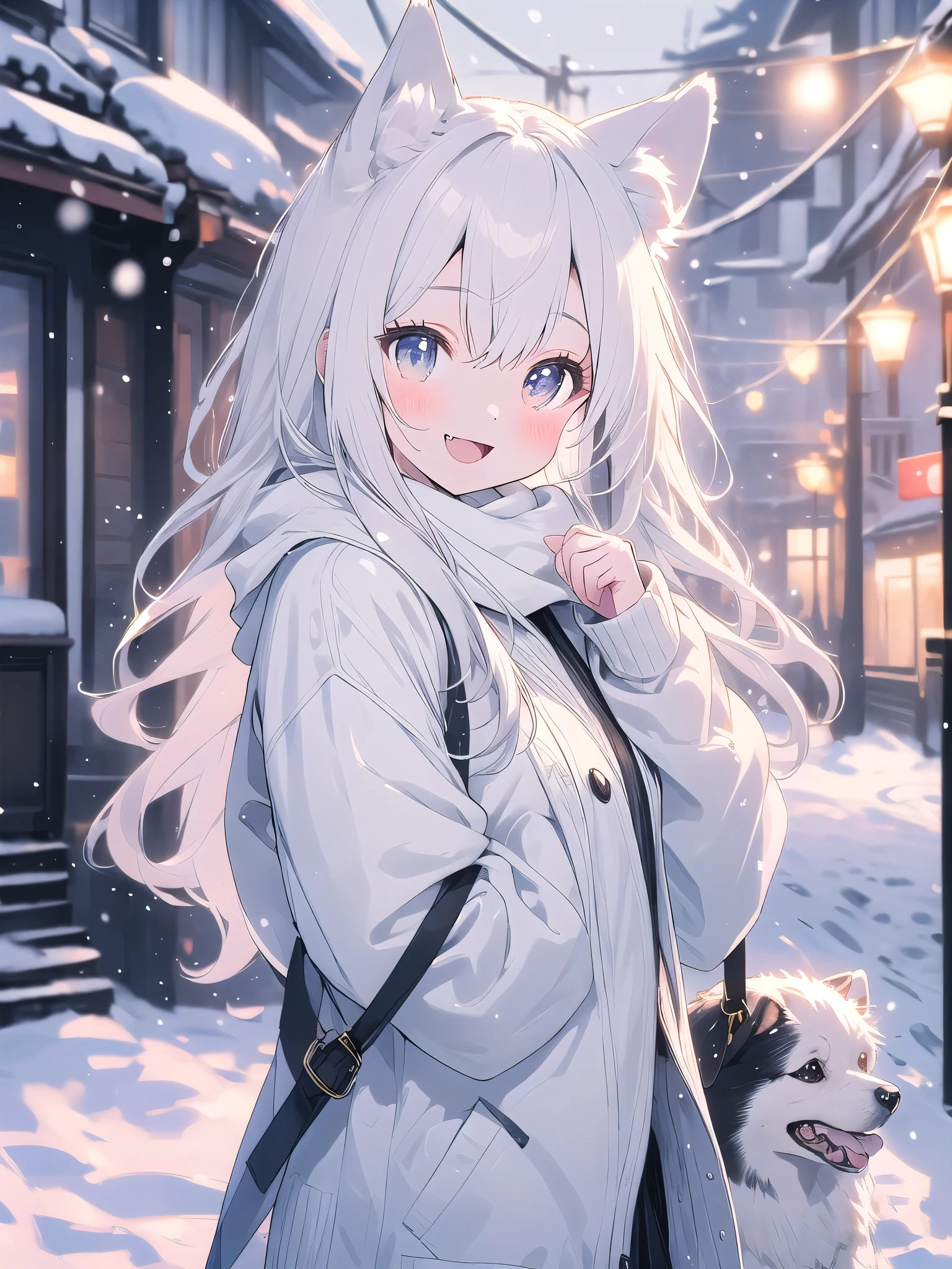 ((Blurred)),(Pale colors),white hair, dog ears, sparkle, film grain, UHd, masterpiece, super detail, high details, high quality, highres, best quality, 4K,claw pose,upper body,fang,:d,aran sweater,Samoyedの女の子、Samoyed,Fluffy clothes、cute、Background of the snow country,((dog tail)),Fluffy scarf,Snow is falling,Light production、Street lights illuminate