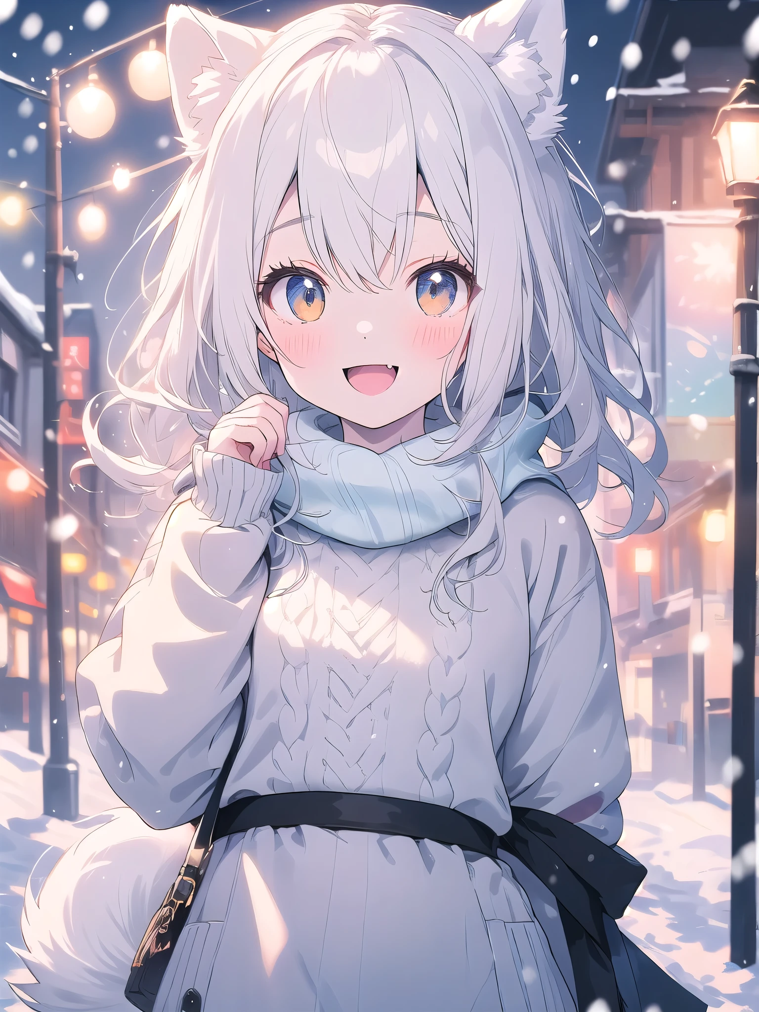 ((Blurred)),(Pale colors),white hair, dog ears, sparkle, film grain, UHd, masterpiece, super detail, high details, high quality, highres, best quality, 4K,claw pose,upper body,fang,:d,aran sweater,Samoyedの女の子、Samoyed,Fluffy clothes、cute、Background of the snow country,((dog tail)),Fluffy scarf,Snow is falling,Light production、Street lights illuminate