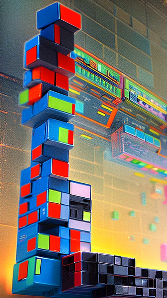 falling multi-colored (((Tetris figures))). Each figure has its own color. Against the background of abstraction. (((no hi-tech))).