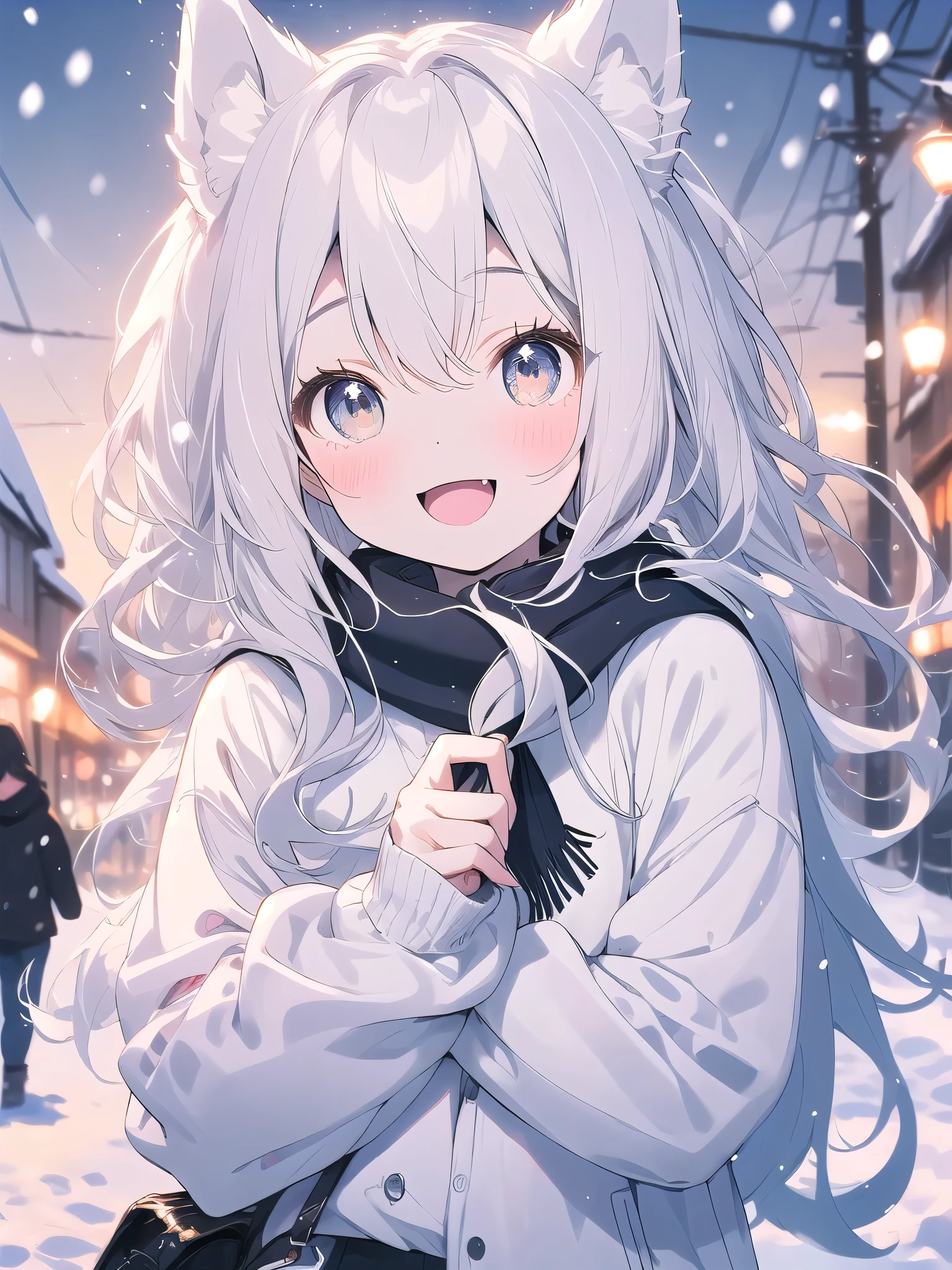 ((Blurred)),(Pale colors),white hair, dog ears, sparkle, film grain, UHd, masterpiece, super detail, high details, high quality, highres, best quality, 4K,claw pose,upper body,fang,:d,aran sweater,Samoyedの女の子、Samoyed,Fluffy clothes、cute、Background of the snow country,((dog tail)),Fluffy scarf,Snow is falling,Light production、Street lights illuminate