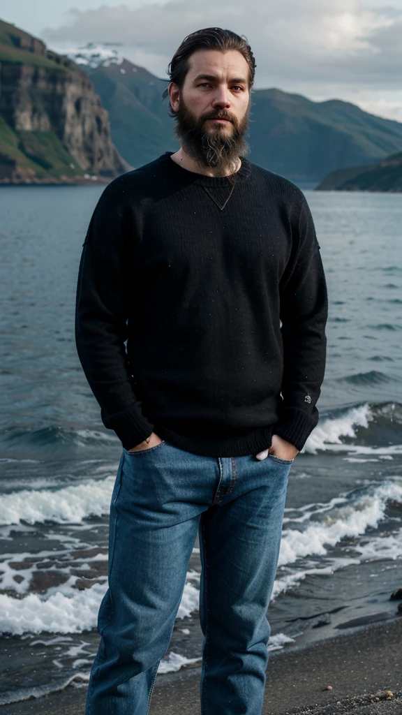 Man standing with hands cross, uphills, open sea, black sweater, blue jeans, beard,