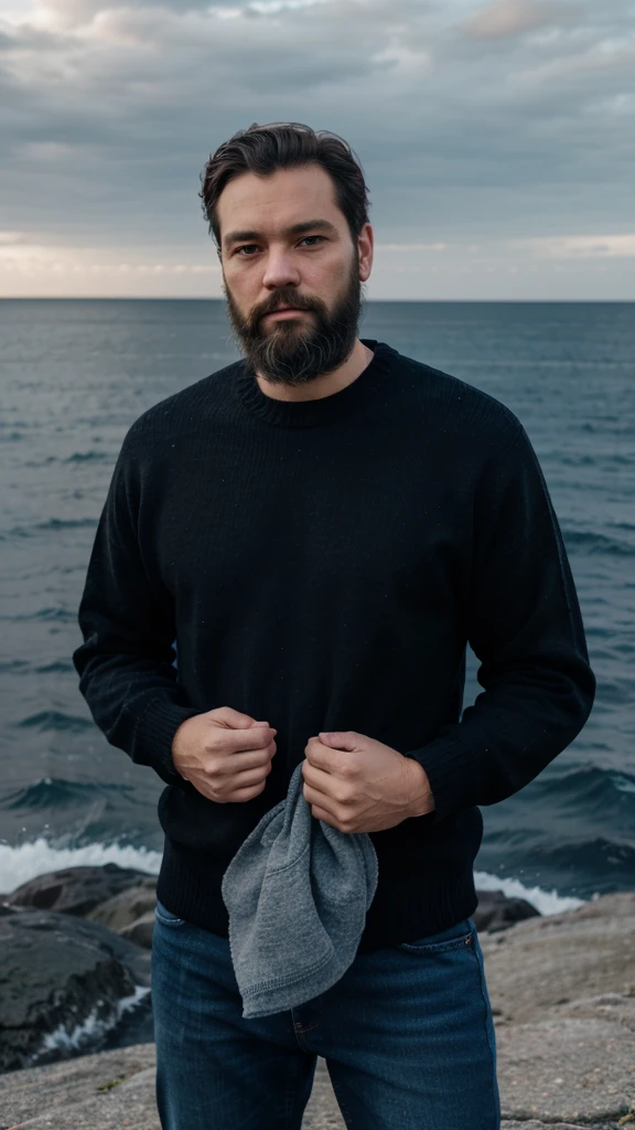Man standing with hands cross, uphills, open sea, black sweater, blue jeans, beard,