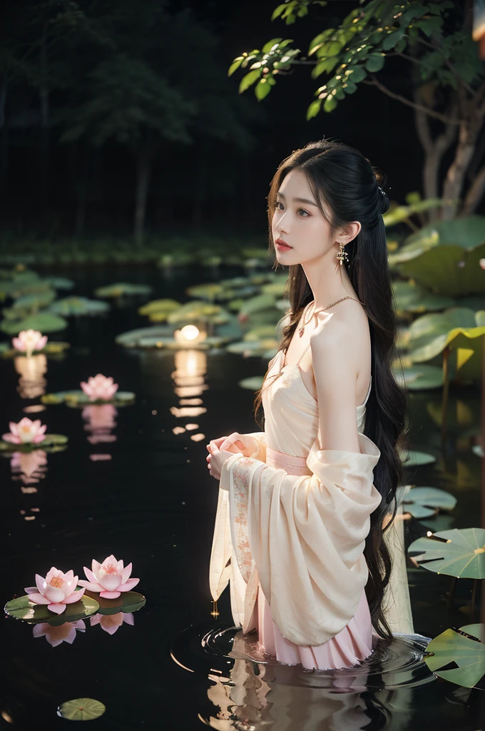 (((best quality))),(((ultra detailed))),(((masterpiece))),illustration,((1 beautiful young  girl,solo)),((slim,thin)),(shoulder length straight hair:1.2),((earrings,necklace)),((small breasts,flat chest)),(see through traditional pink sheer Hanfu dress:1.3),(slender legs:1.2),(beside the lotus pond full of lotus flowers:1.3), serene moonlight, ethereal,floral pattern, water movement, billowing fabric, tranquil, moon reflection, petals, fireflies, magical, light,warm light, dreams, invitation, standing, gazing, reflection, inner thoughts, emotional, sweet scent, natural beauty, solitude, hypnotic lull, eternal summer,(night scene:1.3), natural world, human spirit, celebration, backdrop, water, glow,((from front,upper body))