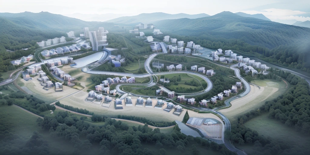 planning project, aerial view, mountain resort, realistic rendering