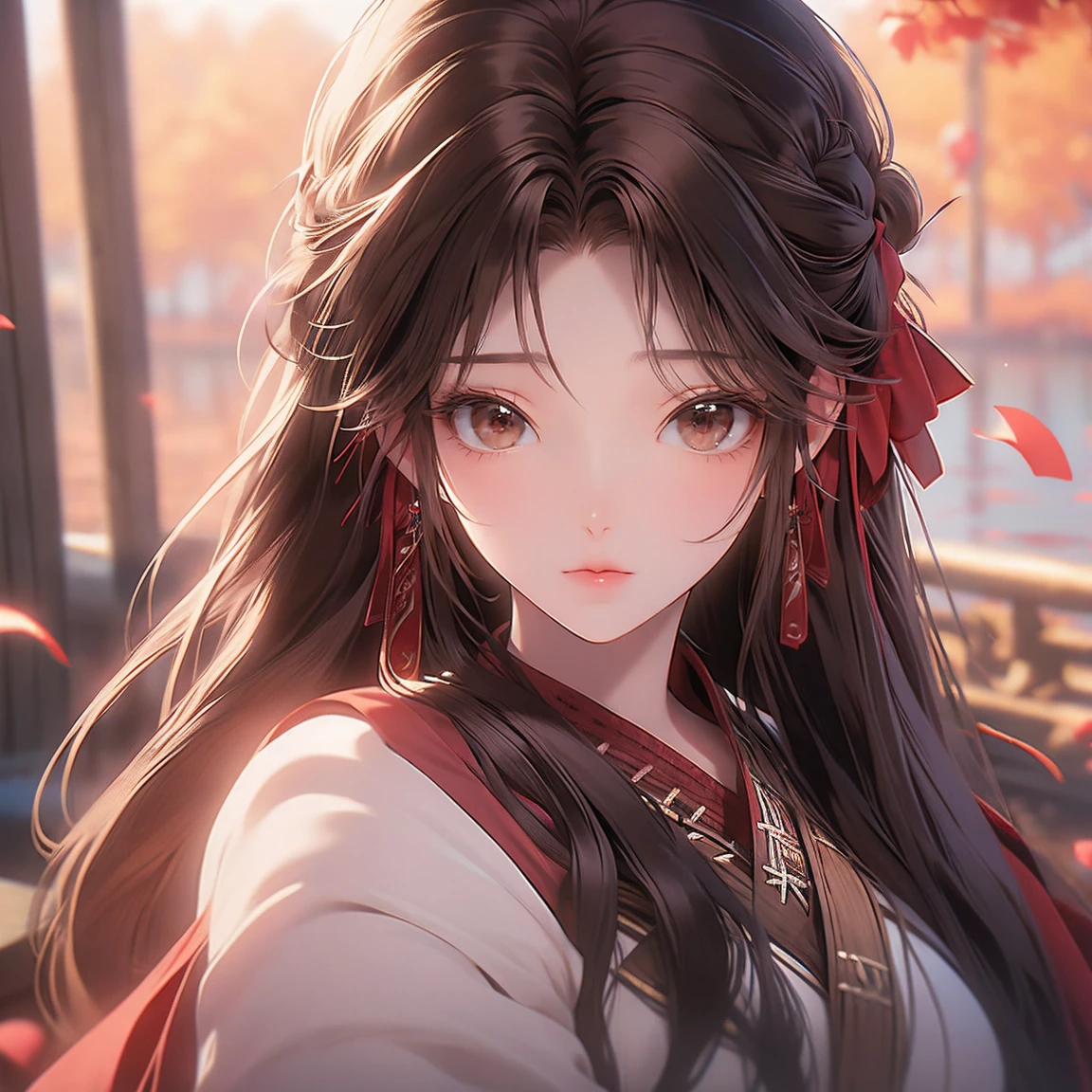 hair bow, girl, brown hair, long hair, brown eyes, mature, shy, heart