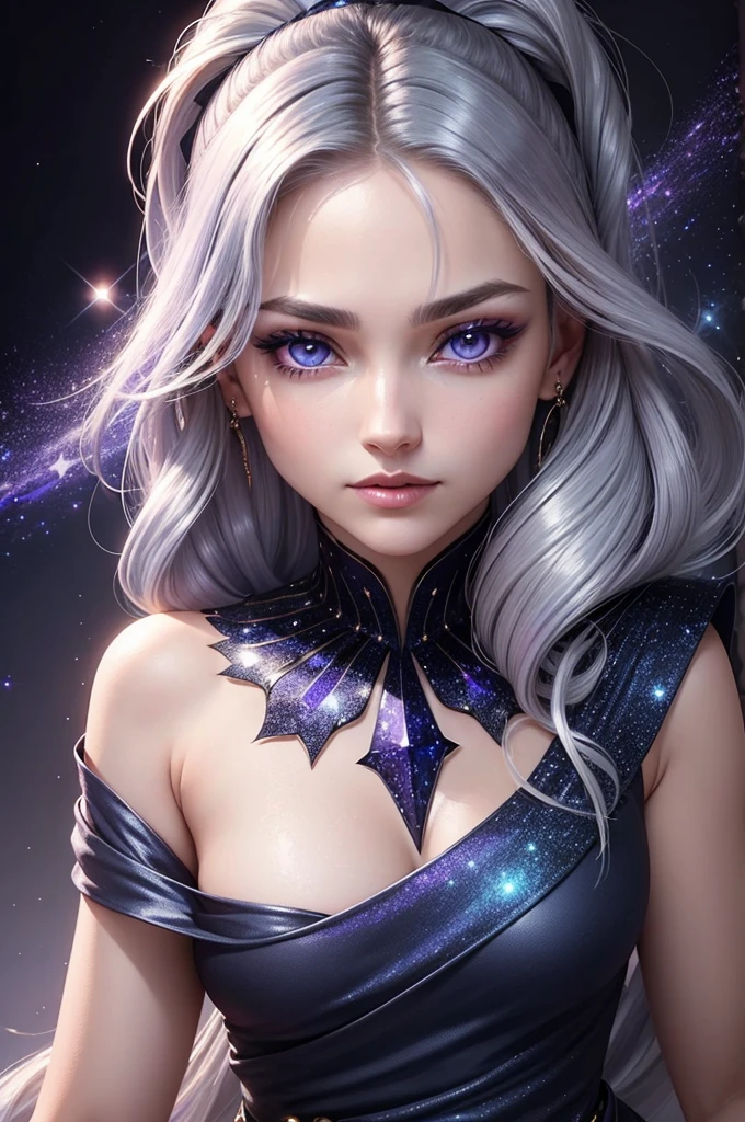 Eyes are Deep violet with gold flecks that shimmer like stars, giving them an otherworldly, captivating appearance, Shoulder-length hair, midnight blue with hints of silver, often tied back in a loose ponytail; shimmers subtly under light, Fair with a warm undertone,