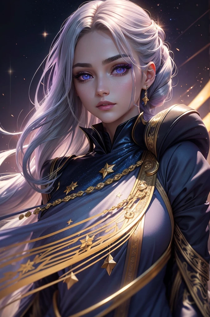Eyes are Deep violet with gold flecks that shimmer like stars, giving them an otherworldly, captivating appearance, Shoulder-length hair, midnight blue with hints of silver, often tied back in a loose ponytail; shimmers subtly under light, Fair with a warm undertone,