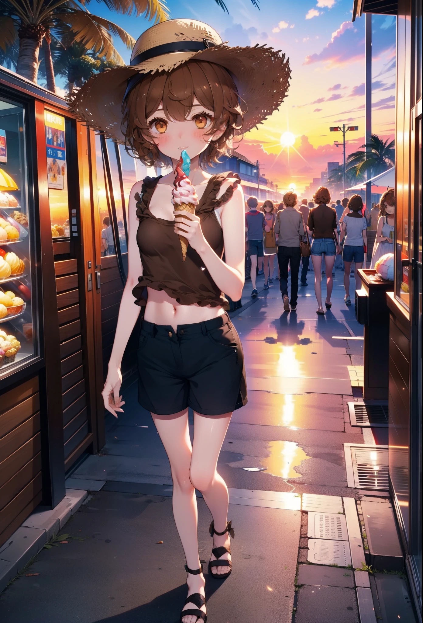 Lililukarde, Liliruka gets burned, , (Brown eyes:1.7), Brown Hair, (Flat Chest:1.2), smile,blush,Open your mouth,Straw hat,short hair,Brown tank top,Shorts,Holding ice cream in both hands,Heeled Sandals,Walking,sunset,evening,The sun is setting,whole bodyがイラストに入るように,
break looking at viewer,whole body, 
break outdoors, Building district,Palm tree,Tropical,
break (masterpiece:1.2), Highest quality, High resolution, unity 8k wallpaper, (figure:0.8), (Beautiful attention to detail:1.6), Highly detailed face, Perfect lighting, Highly detailed CG, (Perfect hands, Perfect Anatomy),