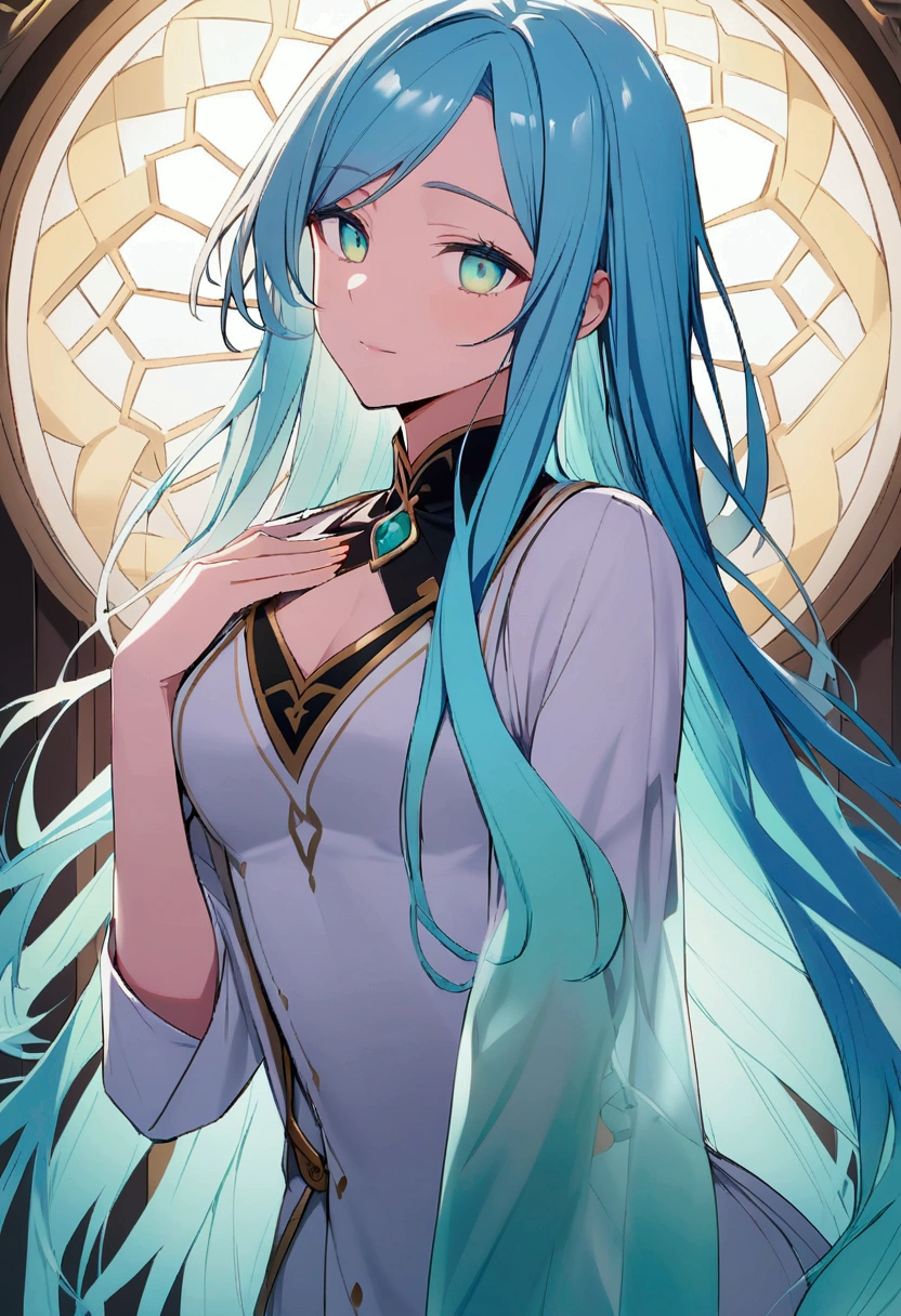 Male 
Hair: Long hair with cyan tips. Two bangs on each side that reach his chest, and the hair at the back reaches his neck.
Eyes: Cyan eyes.
Clothing:

