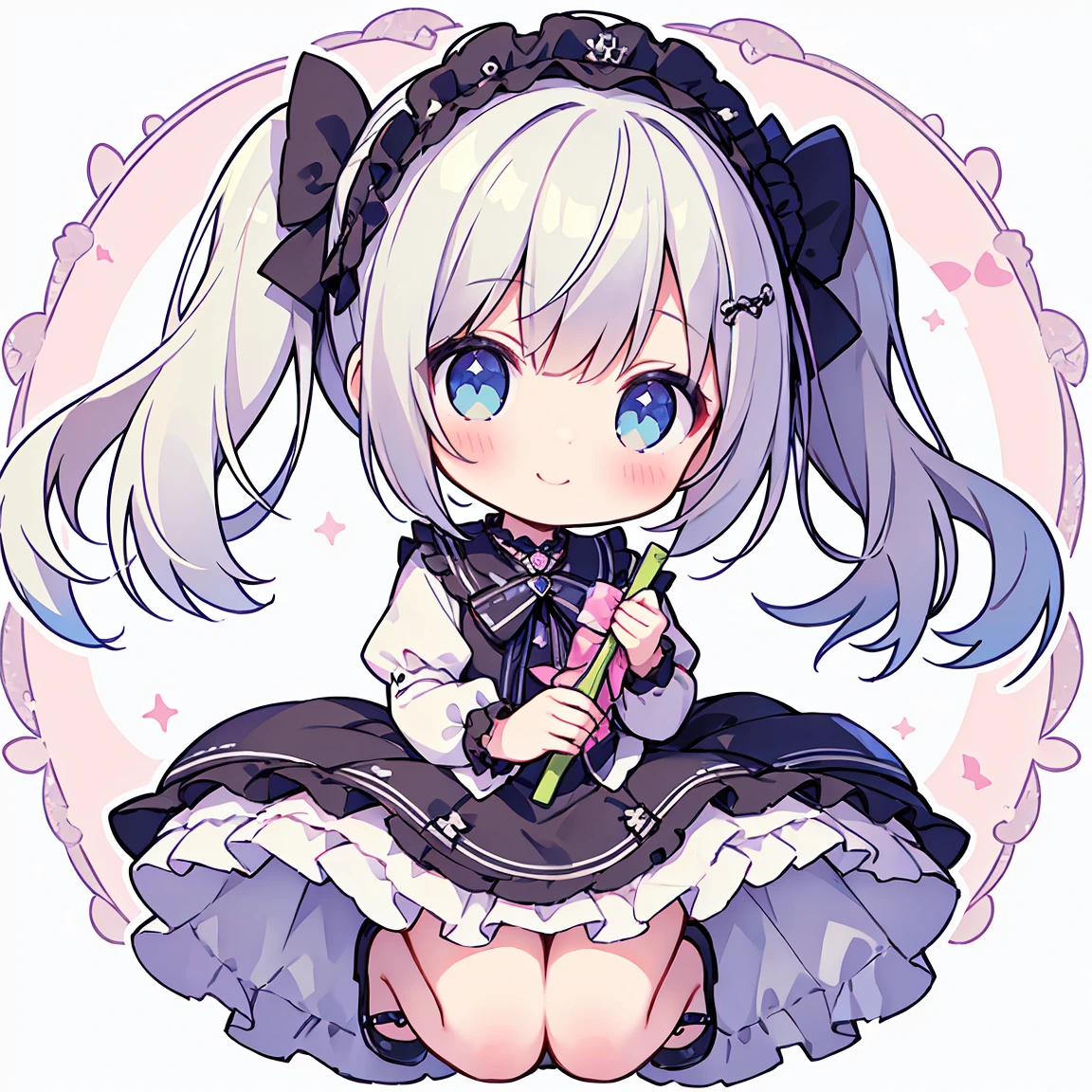 masterpiece, Highest quality, Highest Resolution、One Girl, short hair, pastel colour、Gothic Lolita、Holding a bouquet in both hands、Cute Dresses、Sparkling eyes、A smile that will captivate you、White background、Very long twin tails、Sitting、Looking at me、View from the right oblique top、Full body depiction