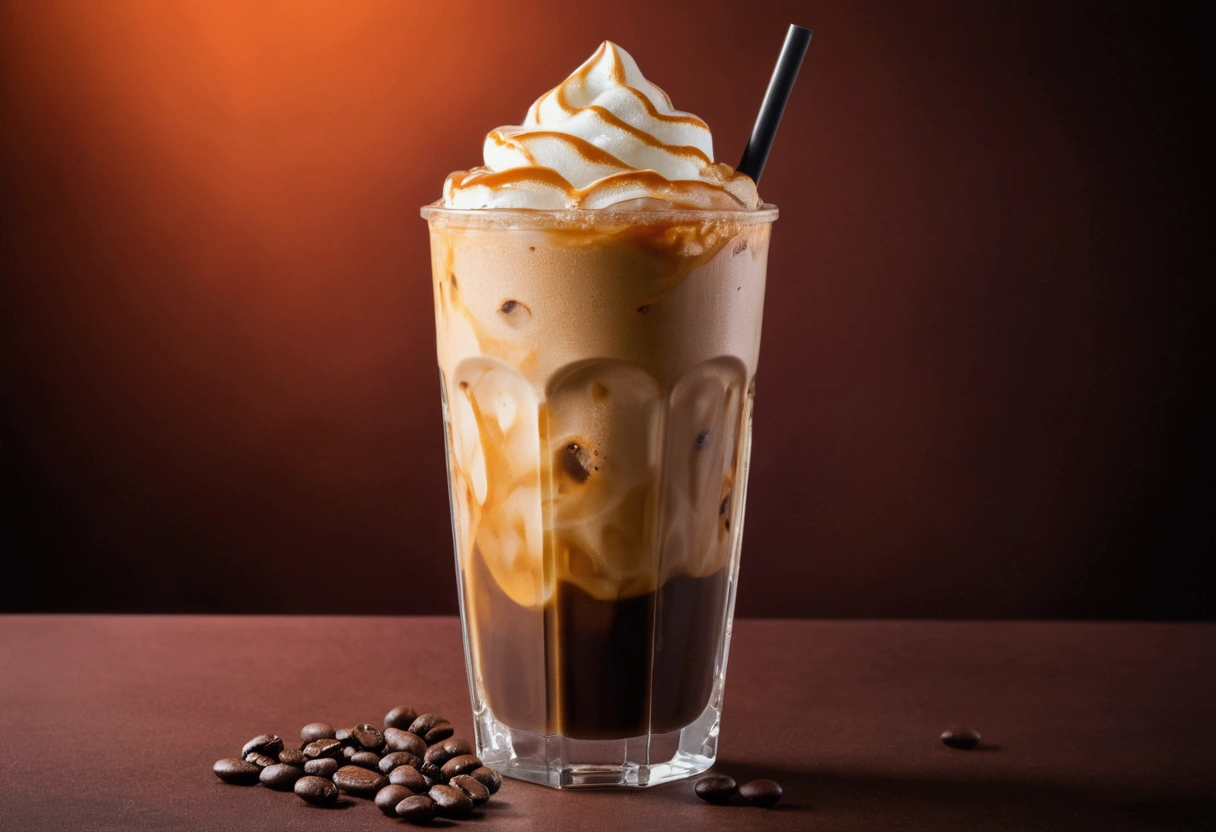 a picture of ice coffee, coffee in the elegant luxury color background like in a commercial, everything in focus