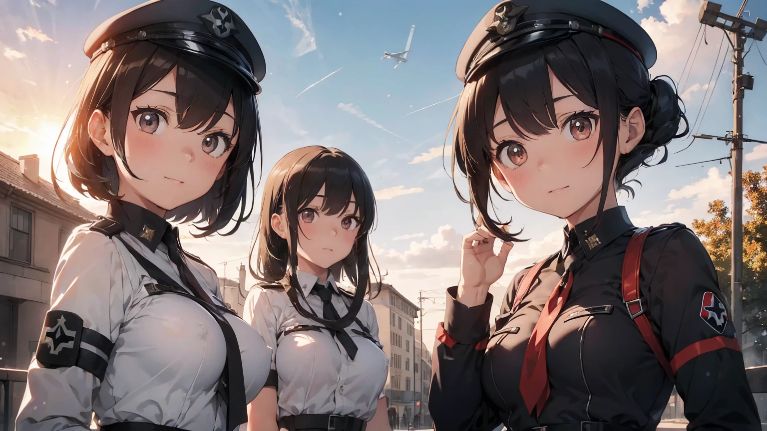 Gestapo uniform, female lesbian kawaii sisters kissing passionately with Heinkel He 111 airplane. wearing Luftwaffe pilot uniforms. 8k. masterpiece. best quality. best artwork. lingerie. Swastika insignia red armband. busty bare breasts. nipples. sunset. snowing