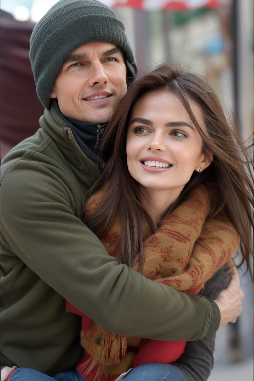A beautiful couple of lovers hugging each other happily in a beautiful park
