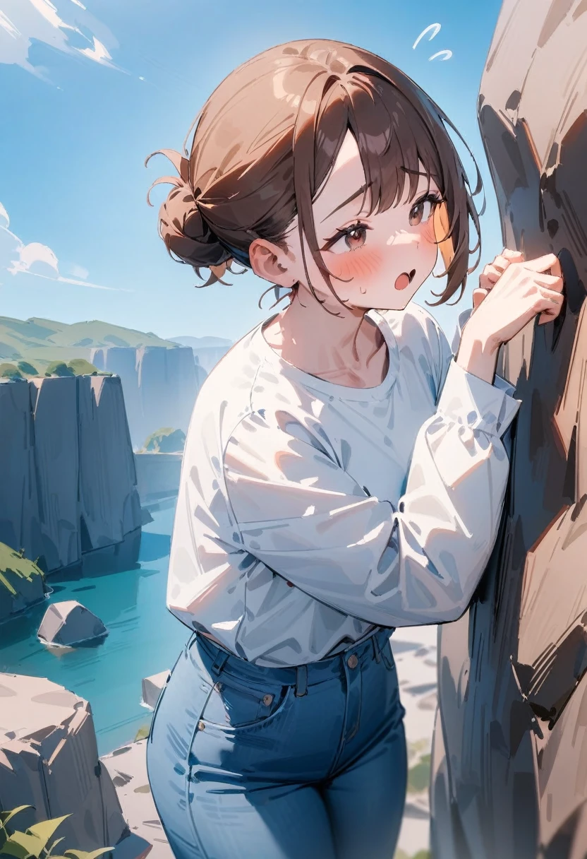 masterpiece, best quality, very aesthetic, absurdres, newest, asymmetrical bangs, tareme, 1girl, solo, short hair, open mouth, cliff, brown hair, shirt, long sleeves, sky, cloud, white shirt, pants, hair bun, flying sweatdrops, single hair bun, denim, o o, jeans, rock, climbing