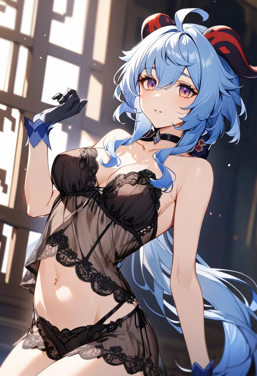 Beautiful Ganyu from Genshin Impact in lingerie,strapless bra,bare belly,gloves extending to elbows,choker,collarbone