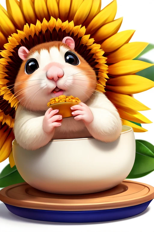 Female hamster:
Pure, soft white coat with no blemishes or marks. Bright and expressive black eyes. Small, delicate ears.
Pink nose and long, thin mustaches.
Pose: Sitting on the edge of the food bowl, gnawing on a sunflower with full cheeks.