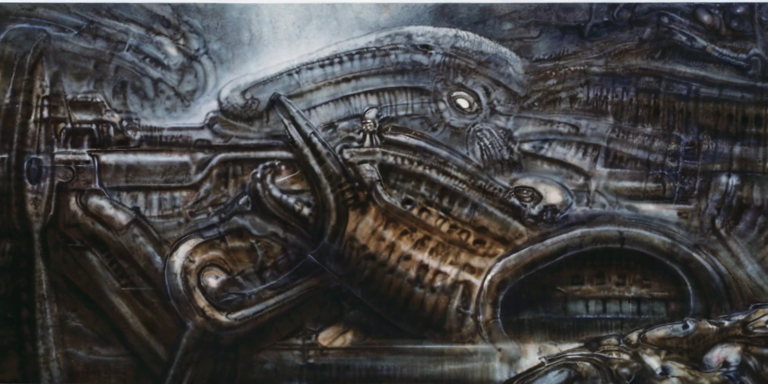 xgiger, The image is a detailed view of H.R. Giger's biomechanical tableau \" LANDSCAPE No 312 \" plate, featuring
a complex, intricate, and detailed design of endless Machine in the transit space over the cascade of fallen water, that appears to be a fusion of organic and mechanical elements, with a focus on the interplay between the two.The piece is a tableau, most likely created with a India ink pen or pencil on paper, determined by the thin lines, shading techniques, and the texture of the paper, which is visible around the edges.
Used is pen, given the shading and variations in line weight visible in the image. Artist have used a variety of stylus with different degrees of hardness to achieve the shading effects.
The use of undersaturated green-grays dark contrasts creates a stark and graphic look. Is used a variety of linework techniques to create different textures. Fine, parallel lines create a smooth, metallic texture,while thicker, more cursive lines suggest cables or wires.
Light source from the top highlights skeletals, pper part of foreground, lower part of image is in shadowupper part of foreground, lower part of image is in shadow.
The art performance showcases the artist’s skills in observation and rendering. The level of detail in the piece suggests a close study of real bone specimens and mechanics. The artist has skillfully used shading techniques to create a convincing illusion of three-dimensionality on a flat surface. The wrinkles and cracks in the surface, and the cast shadows with accuracy, used shading techniques to create a realistic depiction of light and shadow on the objects. This creates a sense of depth and dimension in the image. The artist has used careful linework to depict the contours and textures in the piece
Sharp focus on foreground elements illustration. Deep and delicate DOF. Big painting. Stored in Louvre masterpiece, ooze soaked pajama top