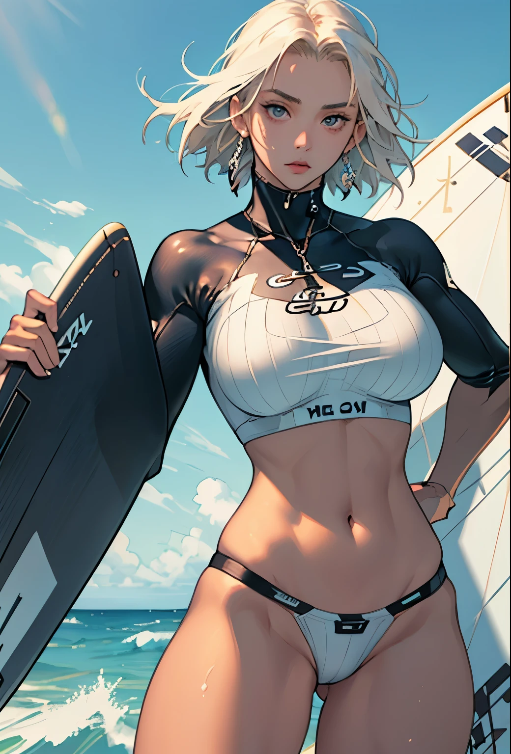 masterpiece, (Textured skin), Highest quality, Gorgeous beautiful girl, (female surfer), Detailed clothing,Large Breasts,Tight waist,, (Beautiful Face), Cinema Lighting, (At the surfing venue ), Holding the board,
