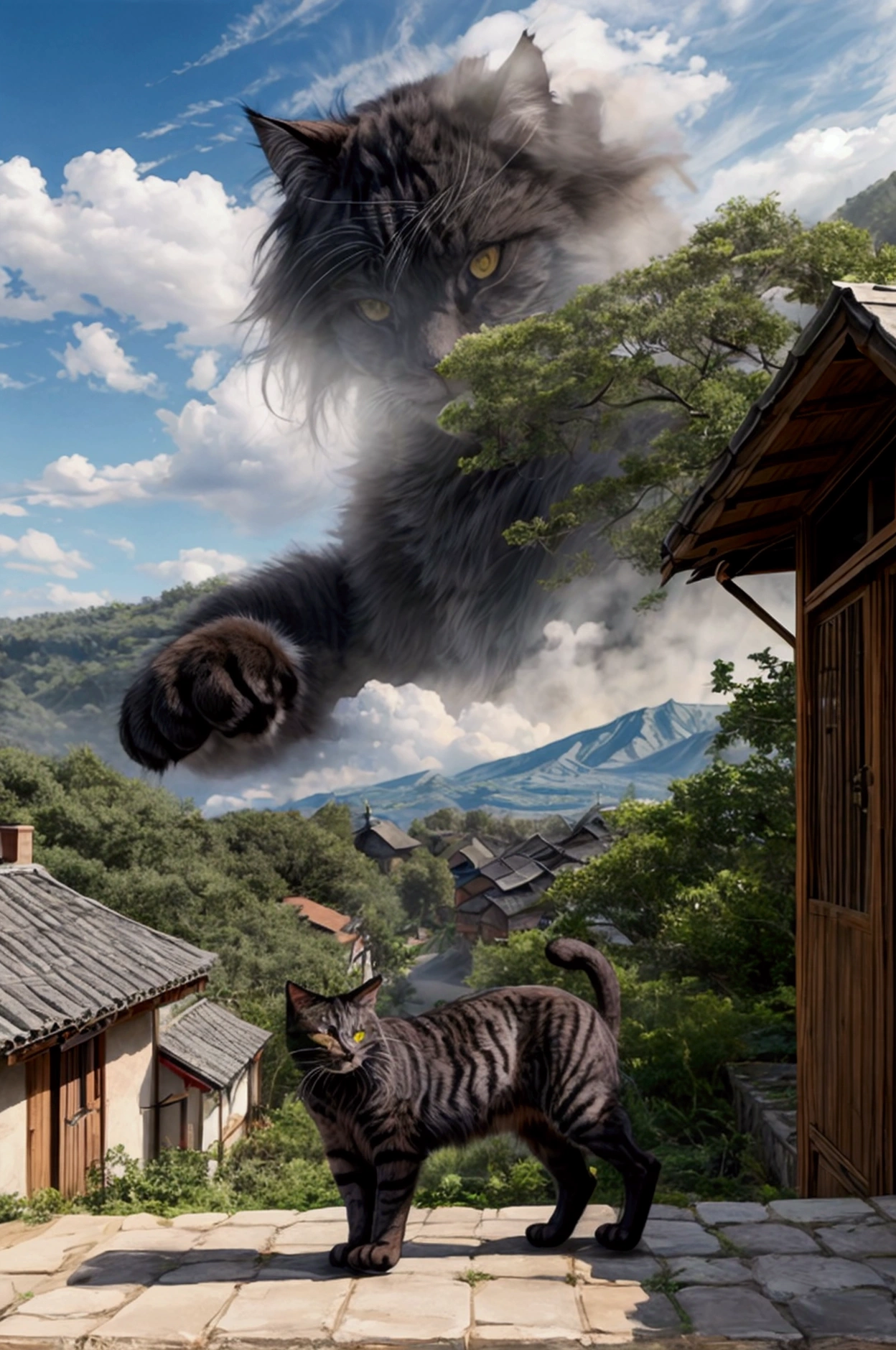 (Giant Cat,２The book has a tail.:1.2),
I&#39;m looking forward to,Looks happy,
Peeking out from the mountain forest to see the village at the foot of the mountain,
At lunchtime, smoke rises from the chimneys of each house in the village.,
