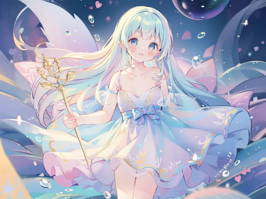 masterpiece, best quality, 8k resolution, sharp focus, intricate detail, beautiful girl, sparkling eyes, golden ratio face, otherworldly liquid, watercolor, ((pastel colors)), bright colors, whimsical, colorful, sharp focus, high resolution, fine detail, ((layered ballgown)), iridescent bubbles