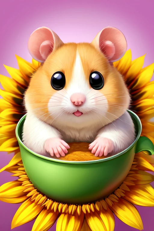 Female hamster:
Pure, soft white coat with no blemishes or marks. Bright and expressive black eyes. Small, delicate ears.
Pink nose and long, thin mustaches.
Pose: Sitting on the edge of the food bowl, gnawing on a sunflower with full cheeks.