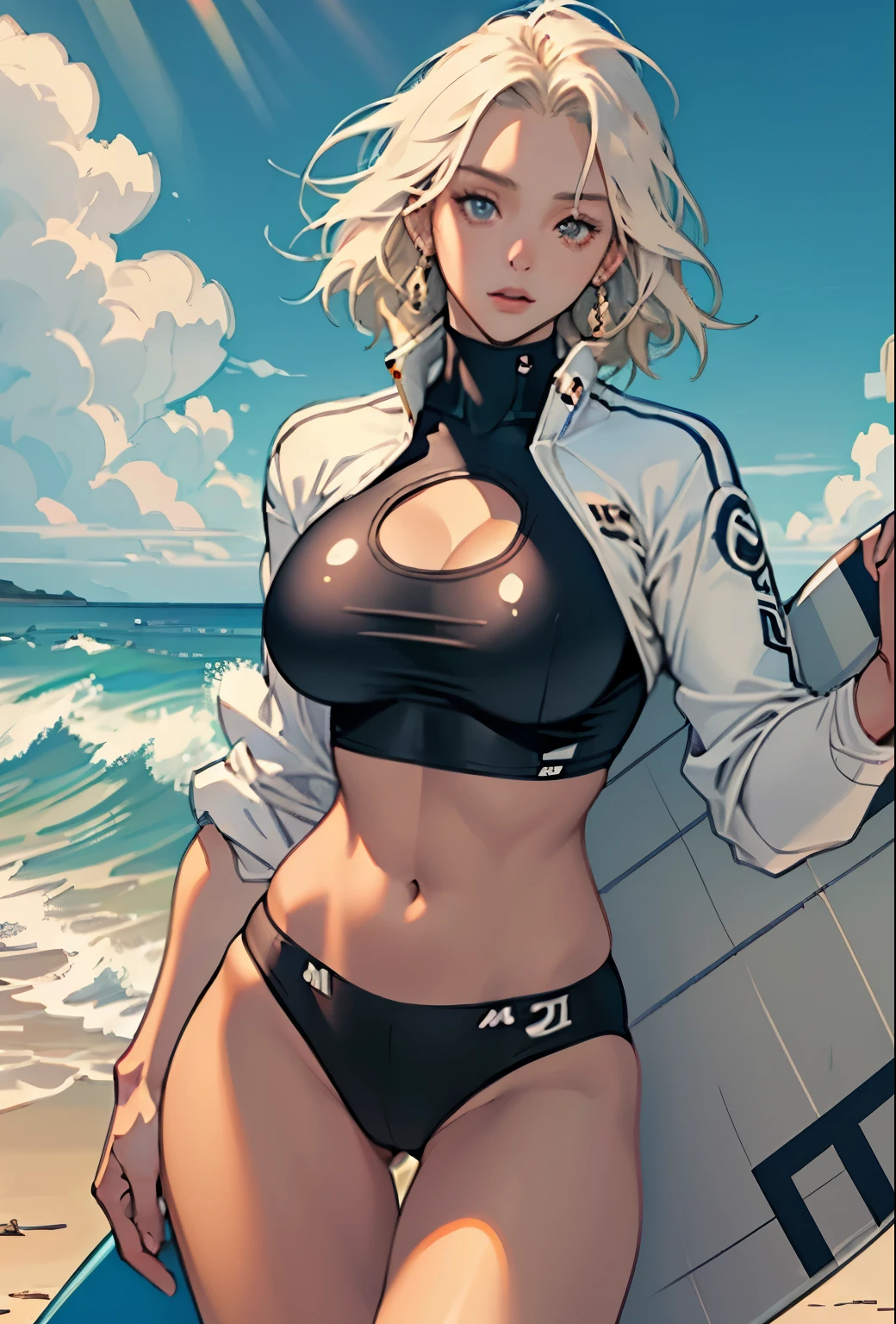 masterpiece, (Textured skin), Highest quality, Gorgeous beautiful girl, (female surfer), Detailed clothing,Large Breasts,Tight waist,, (Beautiful Face), Cinema Lighting, (At the surfing venue ), Holding the board,