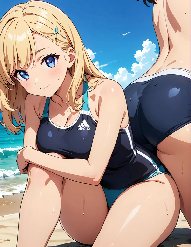 (anime artwork, anime style, studio anime, very detailed, up to date, vibrant, Anime Coloring, high contrast, masterpiece:1.2, best quality, best aesthetics),2 girl,hug from behind,swim suits, Medium chest, A glimpse of thighs,random hair, One eye is hidden by the bangs, perfect proportions, high detail skin, Cute, detailed faces,beach, precise fingers,curvy,swim suits crowd,wet,