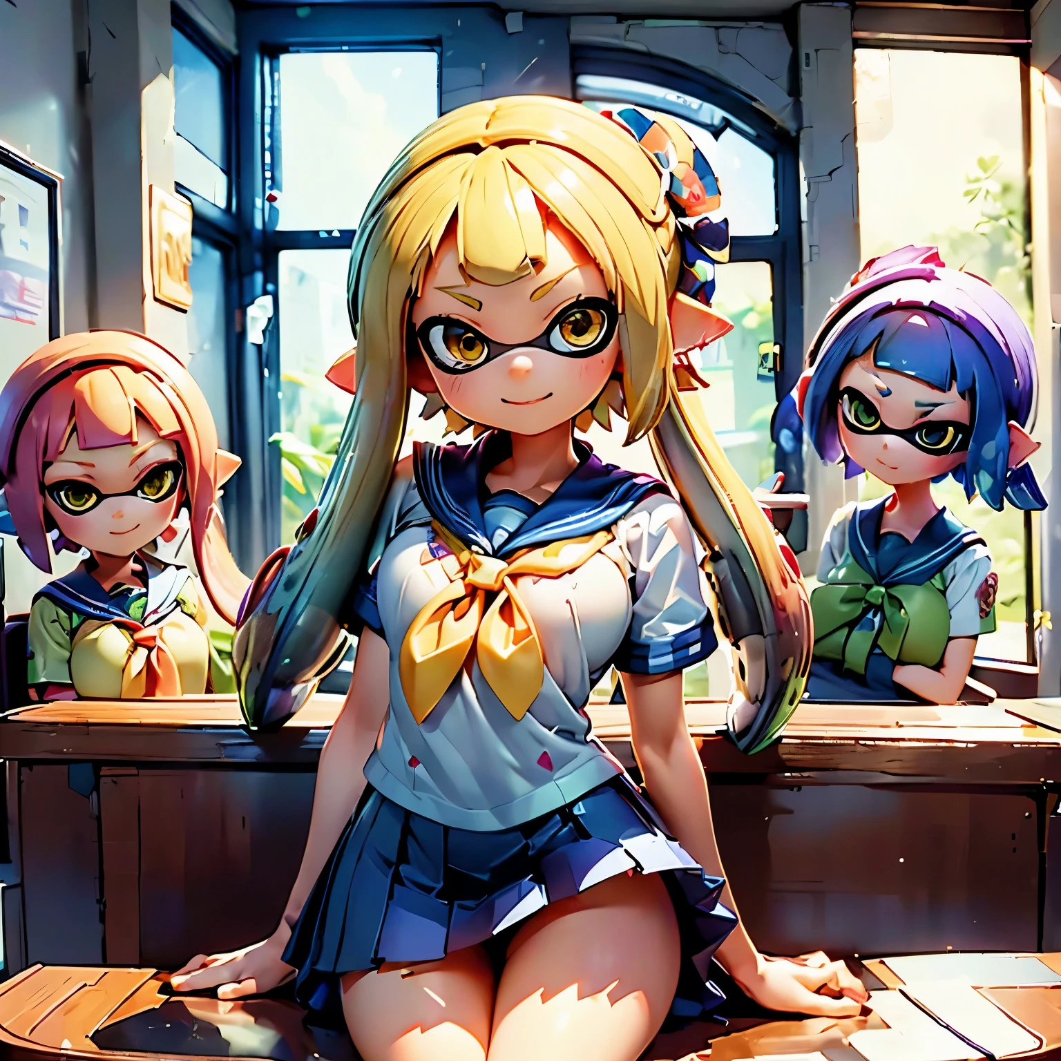 (high quality, 8k, 4K, High Contrast, masterpiece:1.2, 最high quality, Best aesthetics), Real Anime、3d、 ((4 Splatoon Girls))、 ((Four women in sailor suits posing sexy)), Beautiful woman face, A slightly thinner face、Golden Eyes、Colorful tentacle hair color, Finer details, school harem, A lot of light comes in through the windows, Happy,