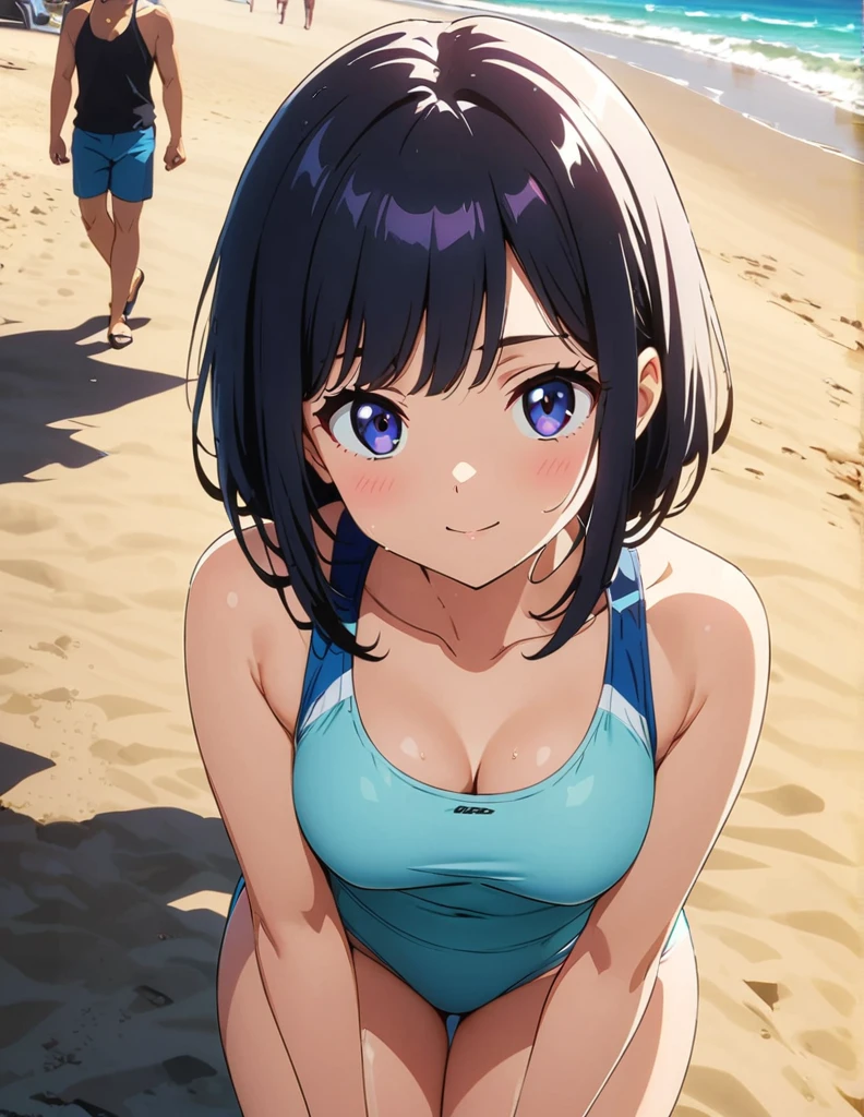 (anime artwork, anime style, studio anime, very detailed, up to date, vibrant, Anime Coloring, high contrast, masterpiece:1.2, best quality, best aesthetics),2 girl,hug from behind,swim suits, Medium chest, A glimpse of thighs,random hair, One eye is hidden by the bangs, perfect proportions, high detail skin, Cute, detailed faces,beach, precise fingers,curvy,swim suits  crowd,wet,