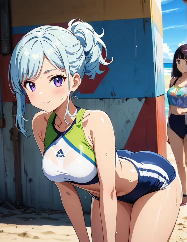 (anime artwork, anime style, studio anime, very detailed, up to date, vibrant, Anime Coloring, high contrast, masterpiece:1.2, best quality, best aesthetics),2 girl,hug from behind,swim suits, Medium chest, A glimpse of thighs,random hair, One eye is hidden by the bangs, perfect proportions, high detail skin, Cute, detailed faces,beach, precise fingers,curvy,swim suits  crowd,wet,