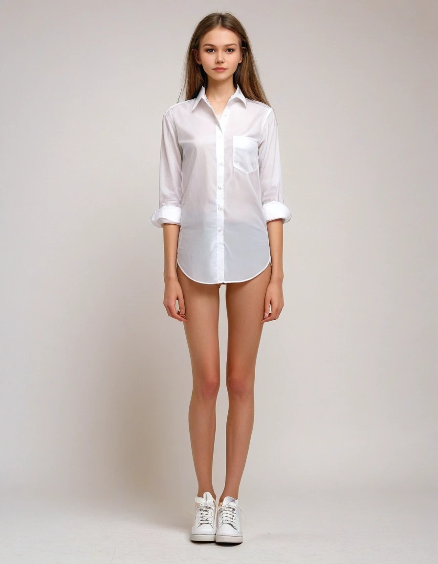 black pubic hair, front view, beautiful, completely naked very skinny russian girl 14 years old, bare thighs, earrings, in wide open white shirt, stand in mix shoes heel, arms crossed, white background, photorealistic