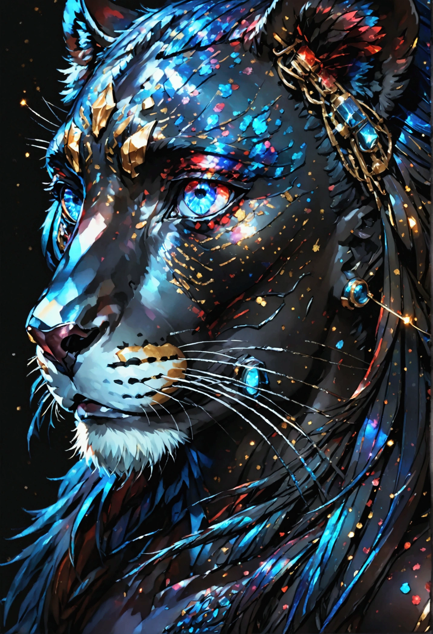PORTRAIT, only face portrait, macro, a scarfase battle angel portrait NEXT TO a lion , beautiful black skin with blood sparkles and glitter, long black hair with red and silver blades on hair, shiny and lightening eyes, cosmos eyes, next to a lion, highly detailed fur (vectorized) , detailed skin, anime style< image is compelling with dynamic composition and energetic posing. Include many fantasy details such as bumps, phantasmal iridescence, glitter, galaxy, cosmos, ((dark celestialskin body, void cosmic body)), (((dark background))), (((lights off))), (((hollywood dark))), horror, dramatic shadows, (in a dark fantasy space:1.3, glitter, sparkle, gleam) vector digital illustration, (black background:1.5)sharp