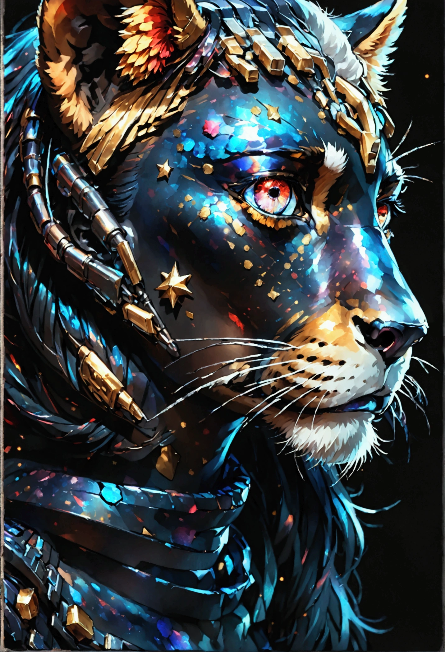 PORTRAIT, only face portrait, macro, a scarfase battle angel portrait NEXT TO a lion , beautiful black skin with blood sparkles and glitter, long black hair with red and silver blades on hair, shiny and lightening eyes, cosmos eyes, next to a lion, highly detailed fur (vectorized) , detailed skin, anime style< image is compelling with dynamic composition and energetic posing. Include many fantasy details such as bumps, phantasmal iridescence, glitter, galaxy, cosmos, ((dark celestialskin body, void cosmic body)), (((dark background))), (((lights off))), (((hollywood dark))), horror, dramatic shadows, (in a dark fantasy space:1.3, glitter, sparkle, gleam) vector digital illustration, (black background:1.5)sharp
