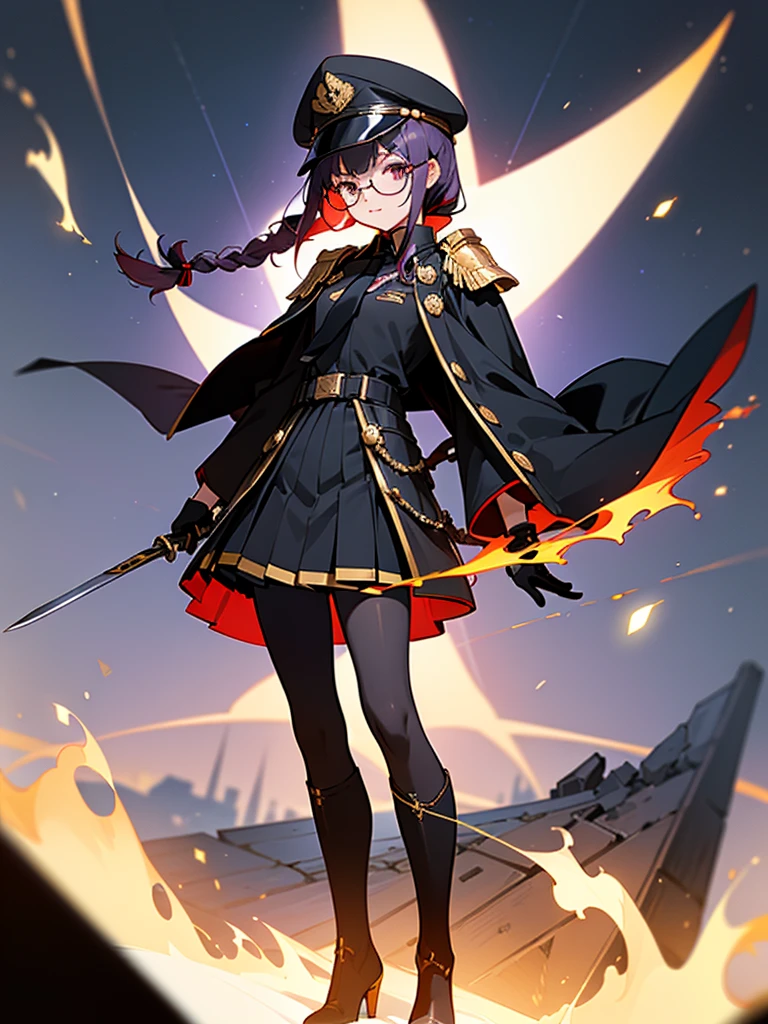 realisitic, City Deserted, Pile of rubble, Brick building, a one woman (18 years old, far away blackw hair, far away slits, Eyes red, glare eyes, 精致的面容, standing (In floor, feet shoulder-width apart), Lolita style military uniform (blackw base, Red Insert, golden decoration, volantes, wide sleeves, dainty and delicate detailing armors), blackw far away gloves (blackw, Red Insert, golden decoration, small hands, armors), blackw far away gloves, knee high boots (blackw, high-heels, red soles), ha (blackw, aba dourada, shield emblem, delicate details), arms in front, Front of belly, Holding military swords with both hands (blackw, golden decoration, delicate detail, Handle at the top, Ground-facing blade, in front of the body, far away), night sky (blackw, stele, Increased flames and smoke) Pale painting style, One Girl, super high quality, Super Detail, Super Detailed image, long hair, looking at viewer, skirt, shirt, hair ornament, violet eyes, gloves, round glasses, long sleeves, hat, closed mouth, jacket, violet hair, braid, open clothes, necktie, black gloves, black skirt, uniform, single braid, open jacket, black jacket, black headwear, 手链, peaked cap, black necktie, cropped jacket, military hat, pantyhose, Flat Chest, smile, Black Cape