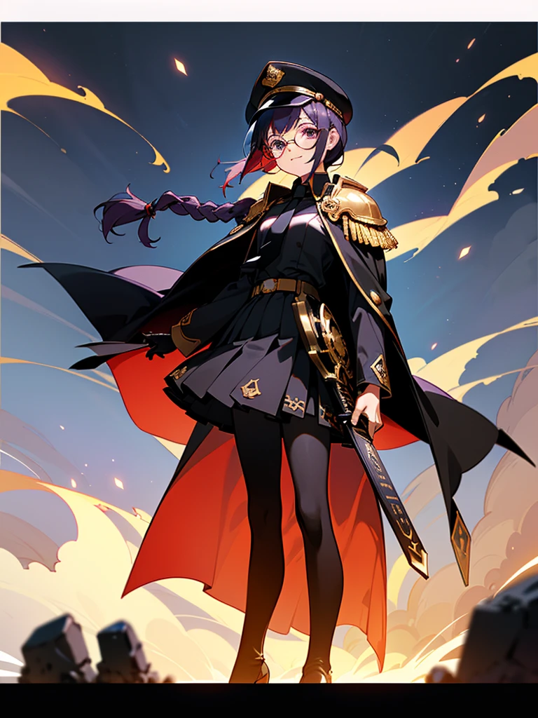 realisitic, City Deserted, Pile of rubble, Brick building, a one woman (18 years old, far away blackw hair, far away slits, Eyes red, glare eyes, 精致的面容, standing (In floor, feet shoulder-width apart), Lolita style military uniform (blackw base, Red Insert, golden decoration, volantes, wide sleeves, dainty and delicate detailing armors), blackw far away gloves (blackw, Red Insert, golden decoration, small hands, armors), blackw far away gloves, knee high boots (blackw, high-heels, red soles), ha (blackw, aba dourada, shield emblem, delicate details), arms in front, Front of belly, Holding military swords with both hands (blackw, golden decoration, delicate detail, Handle at the top, Ground-facing blade, in front of the body, far away), night sky (blackw, stele, Increased flames and smoke) Pale painting style, One Girl, super high quality, Super Detail, Super Detailed image, long hair, looking at viewer, skirt, shirt, hair ornament, violet eyes, gloves, round glasses, long sleeves, hat, closed mouth, jacket, violet hair, braid, open clothes, necktie, black gloves, black skirt, uniform, single braid, open jacket, black jacket, black headwear, 手链, peaked cap, black necktie, cropped jacket, military hat, pantyhose, Flat Chest, smile, Black Cape