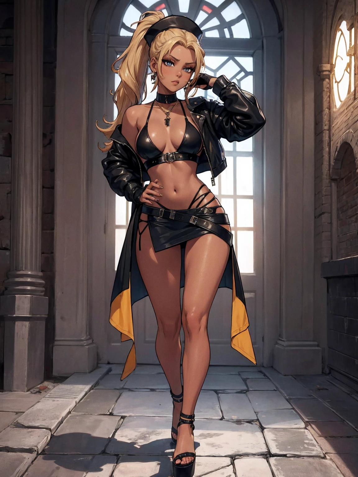 8K, Top Quality, Intricate Details, Ultra Detail, Ultra High Resolution, Masterpiece, full body, Very tall, dark skinned slut nun; slender, slim, blonde hairs and incredible long ponytail; strong makeup; brown eyes; small pointy breast; sensual midriff; wearing superhighplatform sandals, old church, jewelery, necklace, earrings, black bikini top, short leather jacket, thongs with a lot of strings, leather skirt, long fingernails; gloves, rings, best quality, expressive eyes, perfect face, masterpiece, slim body, very long legs, detailed stomach, detailed hips, detailed legs, carefully drawn toes, carefully drawn feet, carefully drawn hands, best quality, drawn with careful, Dynamic Angle, Highly detailed, seductive eyes, NTR