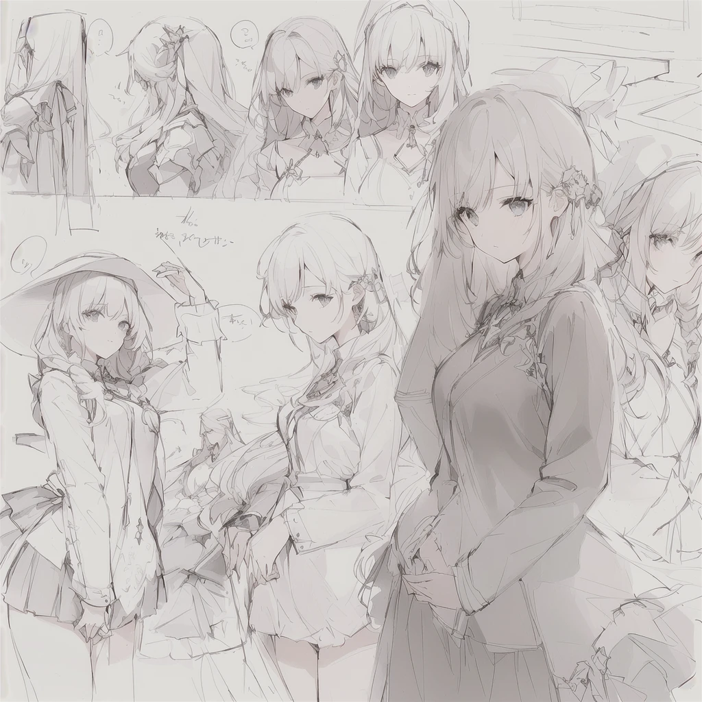 A sketch of a woman with long hair and a hat standing in front of other women, Girls&#39; Frontline style, Kantai Collection Style, from Girls&#39; Frontline, Fine details. Girls&#39; Frontline, Girls&#39; Frontline cg, Girls&#39; Frontline, Mr.々A pose, Kantai Collection, guweiz on pixiv artstation, , Rorish, Anime Girls