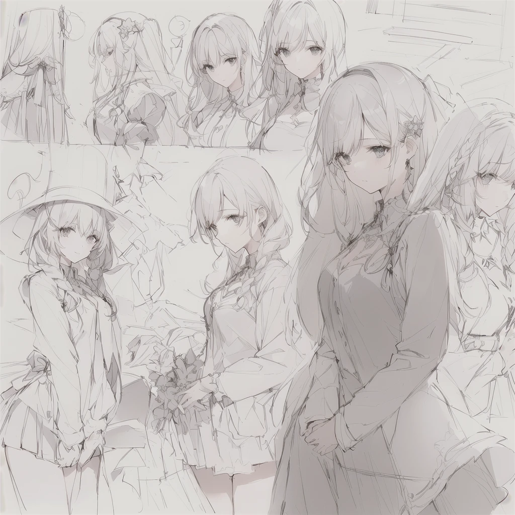 A sketch of a woman with long hair and a hat standing in front of other women, Girls&#39; Frontline style, Kantai Collection Style, from Girls&#39; Frontline, Fine details. Girls&#39; Frontline, Girls&#39; Frontline cg, Girls&#39; Frontline, Mr.々A pose, Kantai Collection, guweiz on pixiv artstation, , Rorish, Anime Girls