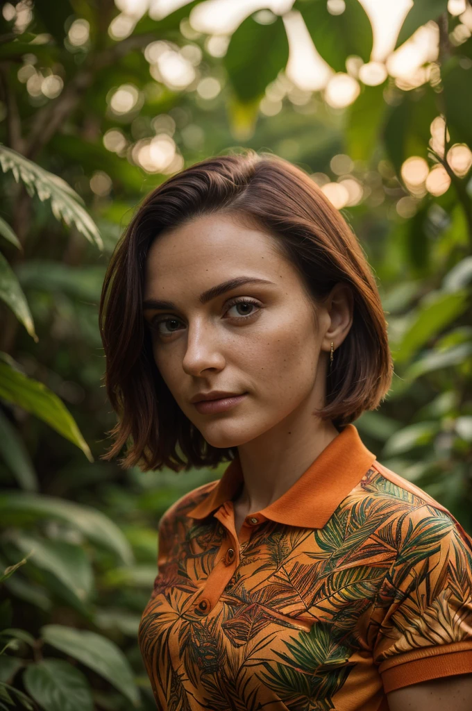 closeup headshot of S223_CharlieRed,a beautiful woman,in a (jungle:1.1),wearing a (vibrant-polo-shirt:1.15),(sunset:1.1),(8k, RAW photo, best quality, depth of field, ultra high res:1.1),(absurdres, intricate, photorealistic, masterpiece, ultra-detailed:1.2),
