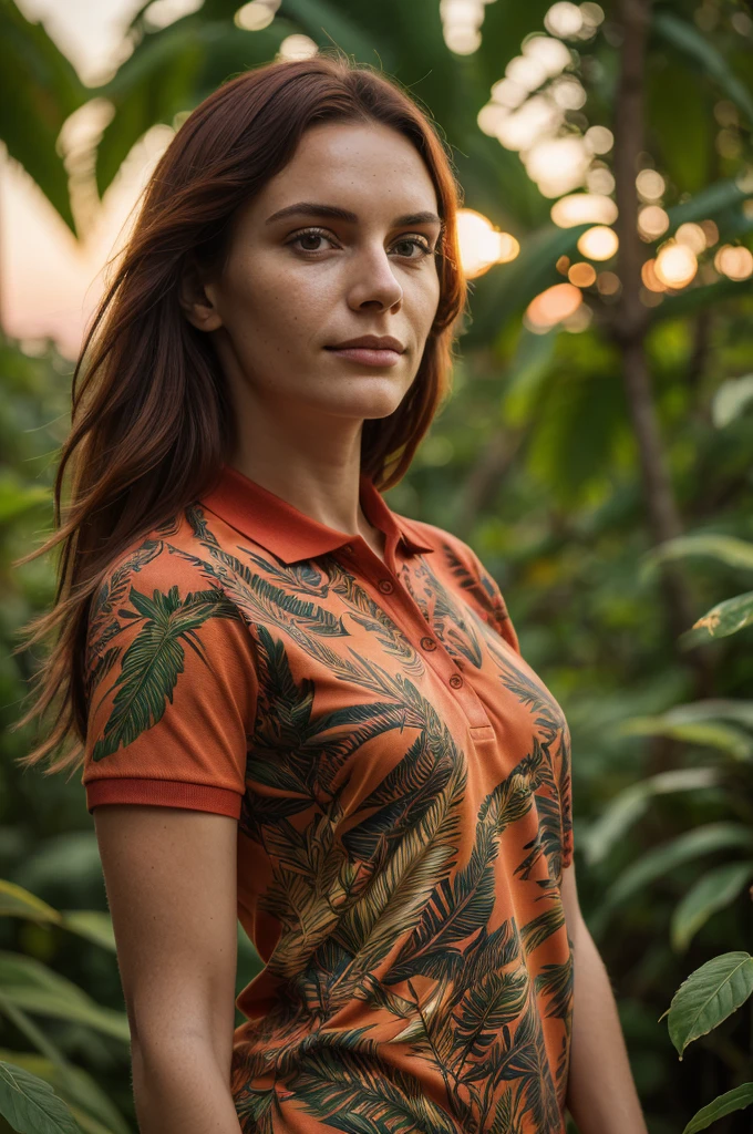 closeup headshot of S223_CharlieRed,a beautiful woman,in a (jungle:1.1),wearing a (vibrant-polo-shirt:1.15),(sunset:1.1),(8k, RAW photo, best quality, depth of field, ultra high res:1.1),(absurdres, intricate, photorealistic, masterpiece, ultra-detailed:1.2),
