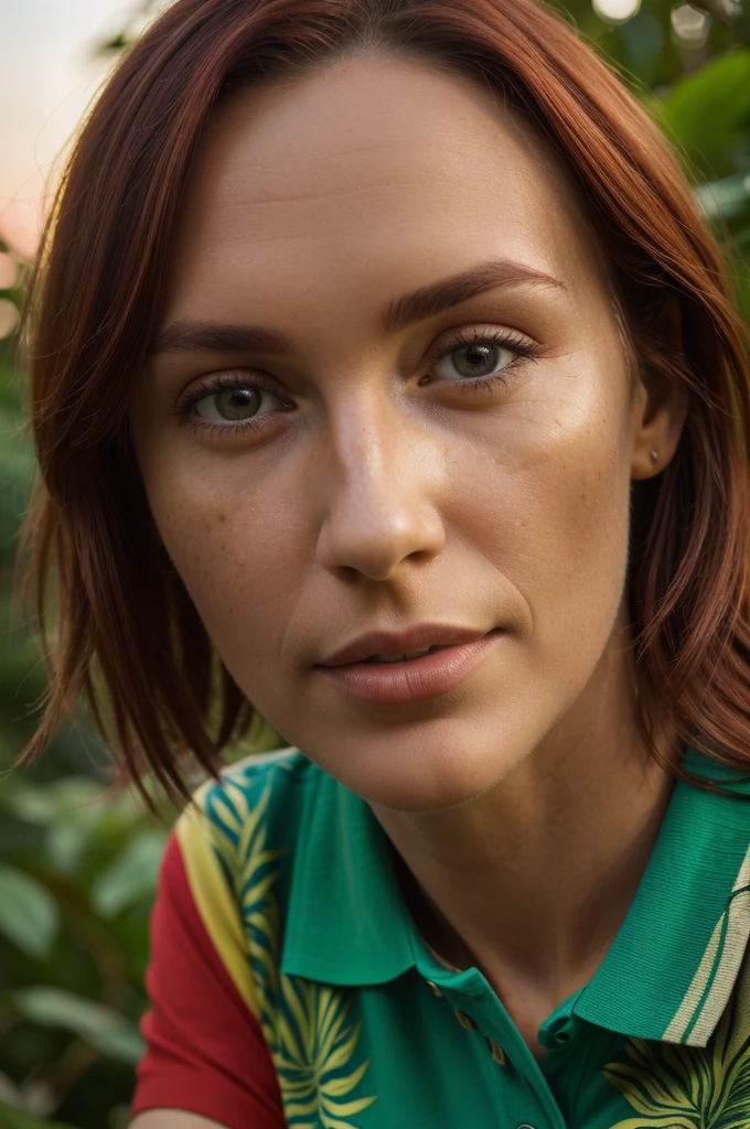 closeup headshot of S223_CharlieRed,a beautiful woman,in a (jungle:1.1),wearing a (vibrant-polo-shirt:1.15),(sunset:1.1),(8k, RAW photo, best quality, depth of field, ultra high res:1.1),(absurdres, intricate, photorealistic, masterpiece, ultra-detailed:1.2),