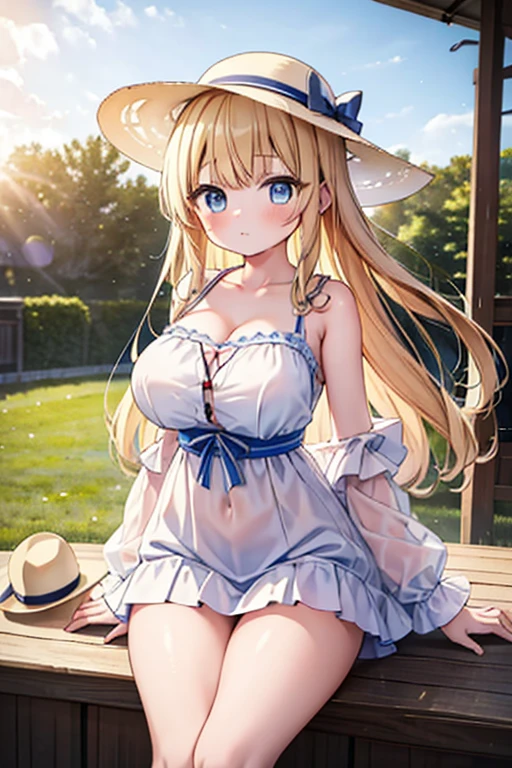 Highest quality,masterpiece,8k,Anime Style,Blonde with blue eyes、camisole、Race,White camisole dress mini skirt,Cleavage,Side view,Large Breasts、、Cute eyes,Sun hat(Sun hat),Japanese Festivals,Stall,evening,Smooth thighs,Accentuate your breasts,